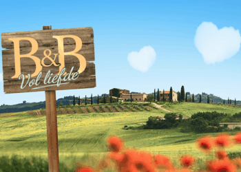 Bord in weiland met tekst "B&B Vol Liefde"