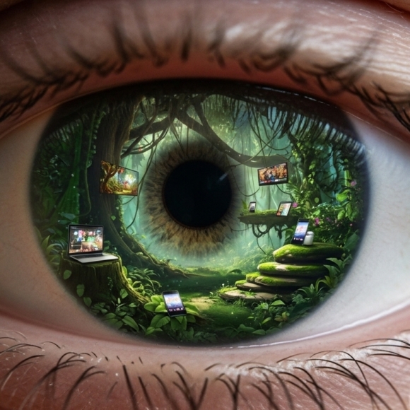 Een oog met in het pupil een figuurlijke weergave van een jungle met verschillende devices