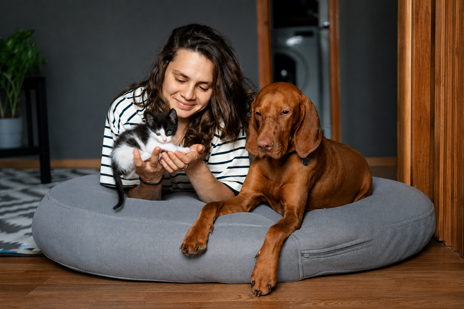 Kitten, vrouw en hond liggend