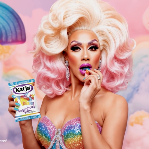 Een screenshot van het inhaakbillboard waarop een AI-gegenereerde drag queen een Katja Regenboogsnoepje eet