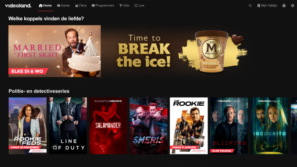 Screenshot van Videoland "Home" scherm